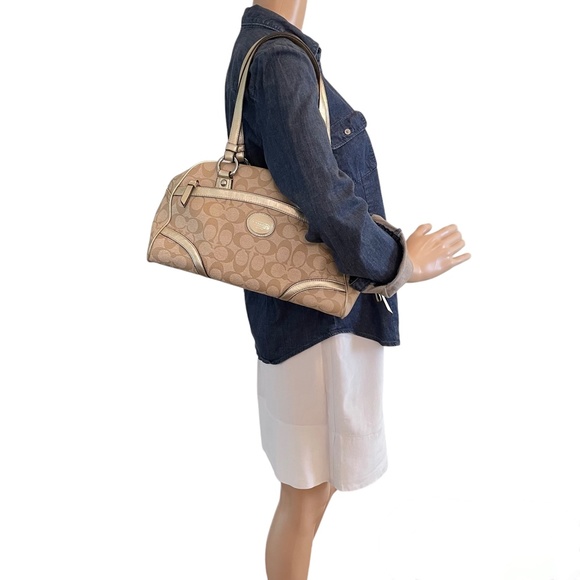 Coach Khaki/Gold Signature PVC/Leather Boston Shoulder Bag - Picture 2 of 13